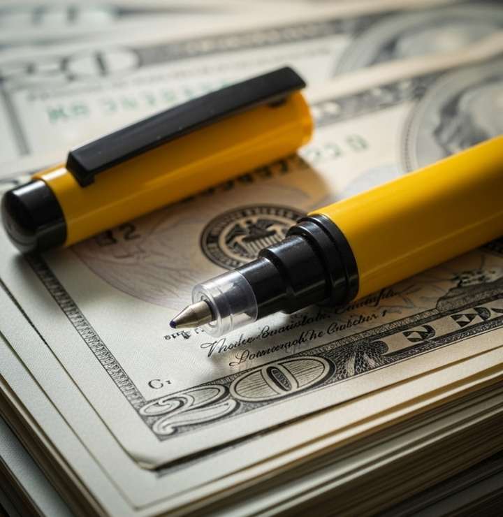 Close-up of a Counterfeit Pen on a Stack (No Mark) Vibe: Confident and proof-based Why it works: Connects directly with counterfeit cash pen, fake bill pen color, undetectable notes Use: Pen tip touching the bill, no visible mark — signals the product passes pen tests