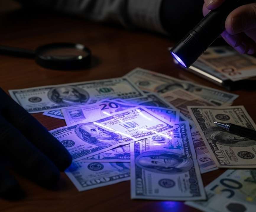 burner phone, gloves, pen, and fake ID subtly in frame